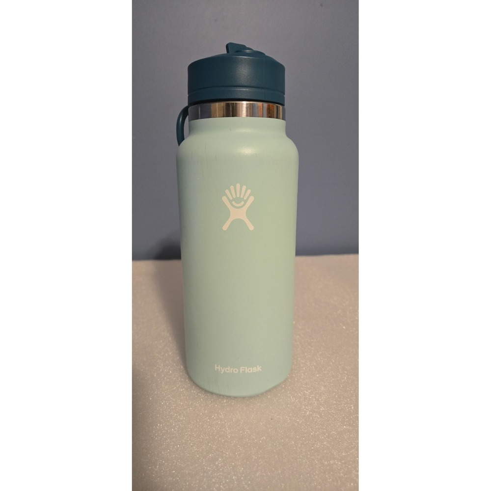 Hydro Flask Wide Mouth Water Bottle Mint Green with Teal Straw Lid 32oz